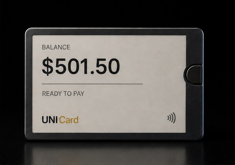 The UNI Card. Its face is an electronic paper display reading BALANCE $501.50 and READY TO PAY, with the UNI Card wordmark and a contactless symbol. A fingerprint sensor sits at the right edge. There is no chip, no numbers and no stripe.