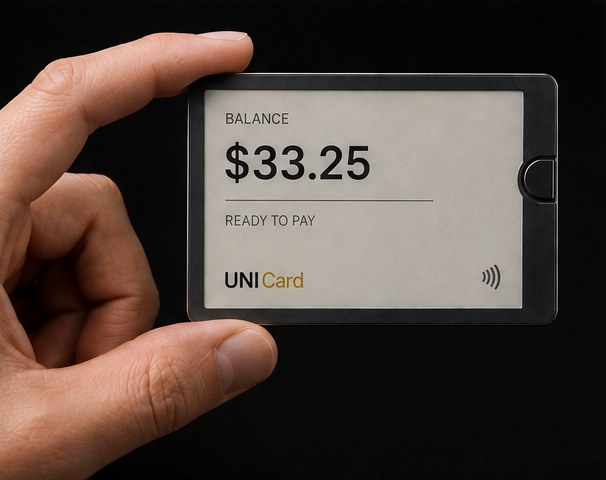 A UNI Card held between finger and thumb, showing its size.