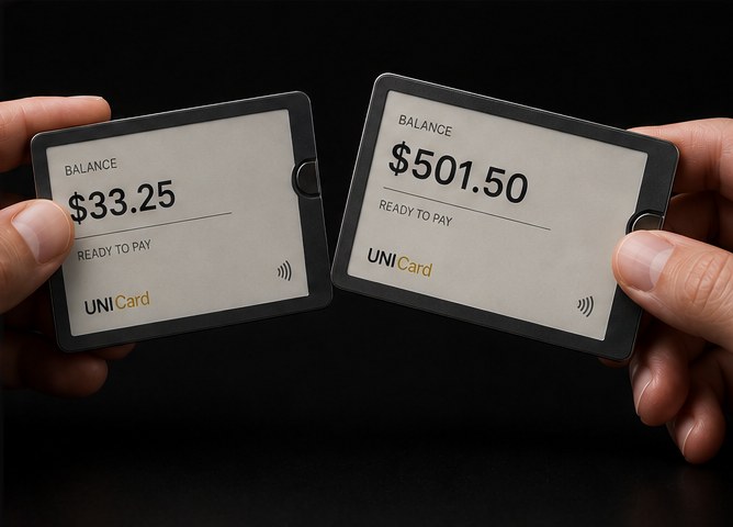 Two UNI Cards held facing each other mid payment, one reading $33.25 and the other $501.50.